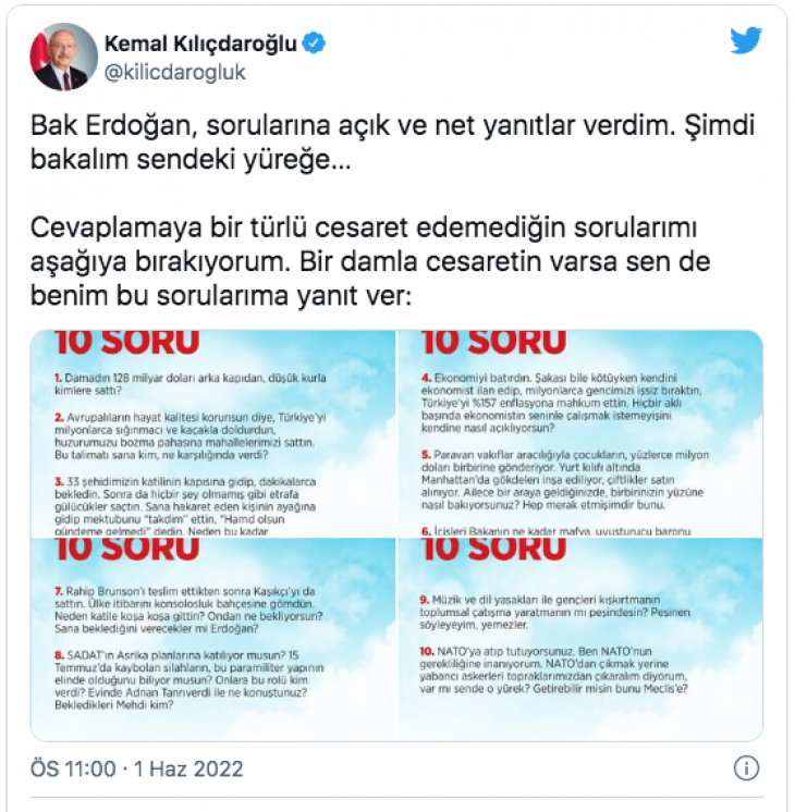 Kılıçdaroğlu'ndan Erdoğan'a 10 soru: Şimdi bakalım sendeki yüreğe