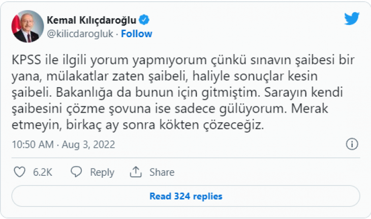 Kılıçdaroğlu: Sınavın şaibesi bir yana, mülakatlar zaten şaibeli, haliyle sonuçlar kesin şaibeli