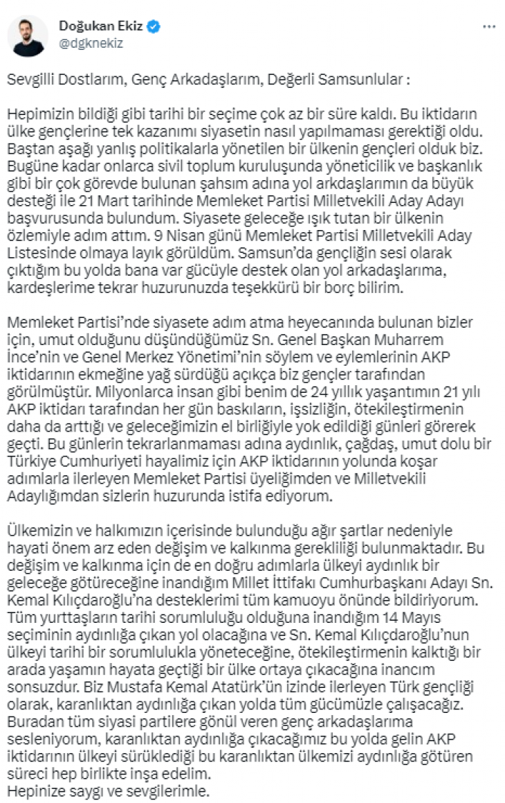 Memleket Partisi'nin milletvekili adayı, 'AK Parti'nin ekmeğine yağ sürülüyor' diyerek istifa etti