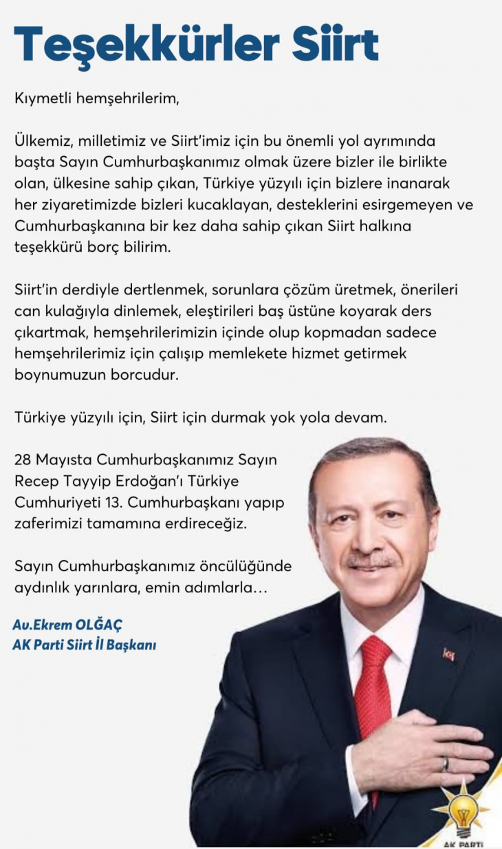 AK Parti İl Başkanı Ekrem Olğaç'tan Siirt Halkına Teşekkür 