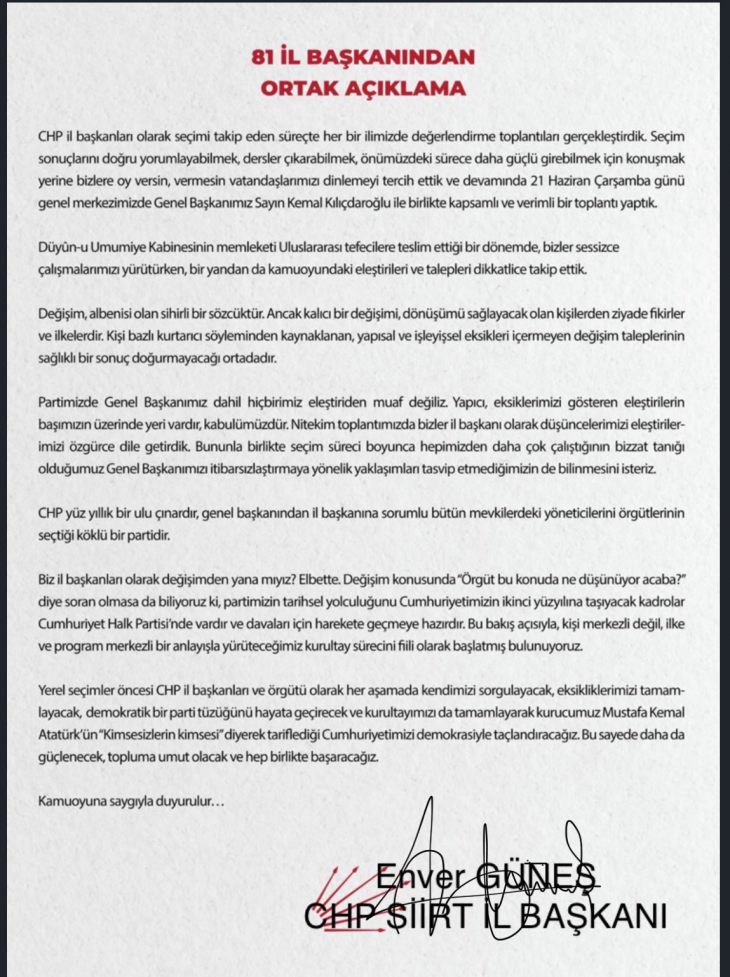 CHP Siirt İl Başkanından  'Değişim' Açıklaması