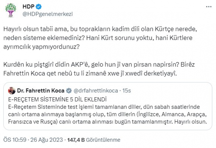 e-Reçete sistemine eklenen 5 dil arasında Kürtçe yer almadı! HDP'den sert tepki geldi