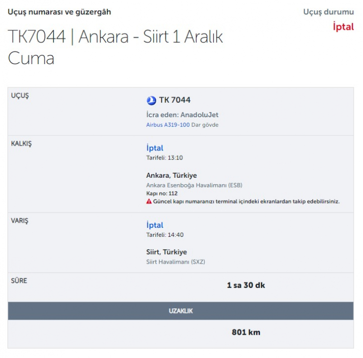 Ankara-Siirt Uçuşu İptal Edildi!
