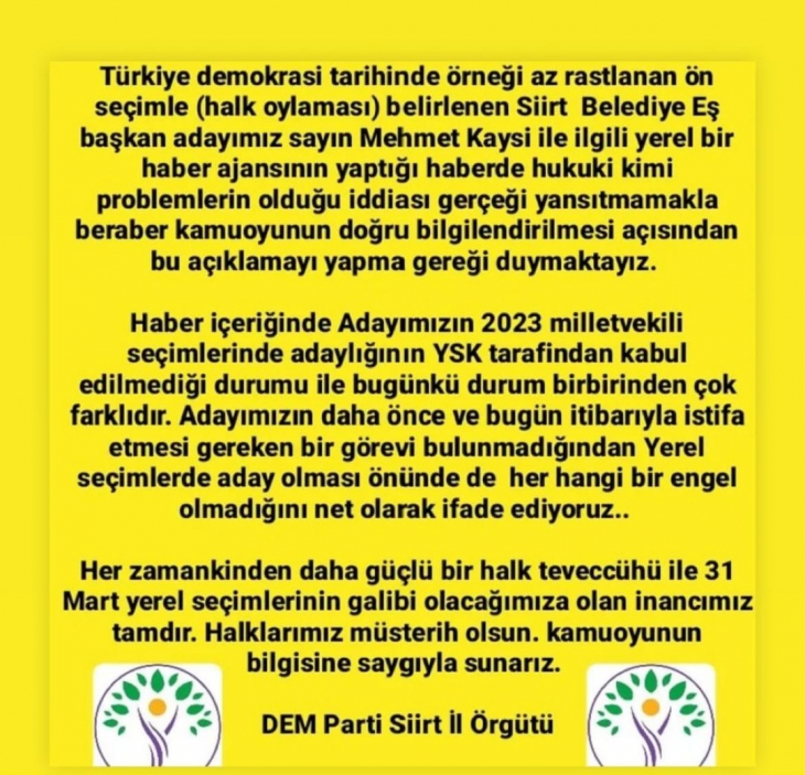 Haberimiz Üzerine Dem Parti Siirt İl Örgütü, Mehmet Kaysi'nin Adaylığıyla İlgili Yazılı Açıklama Yaptı