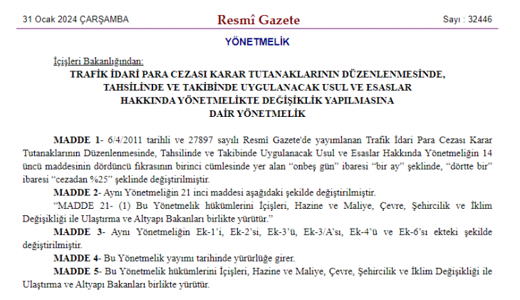 Resmi Gazete'de yayımlandı: Trafik cezalarında indirimli ödeme süresinde değişiklik