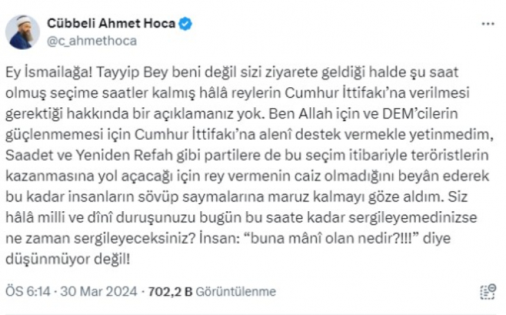 Cemaatten atılan Cübbeli, Cumhurbaşkanı Erdoğan'ın İsmailağa ziyareti sonrası isyan etti: Şu saat olmuş açıklamanız yok