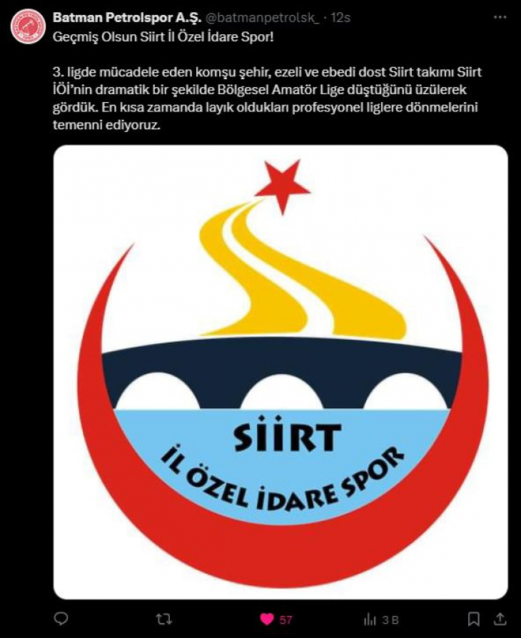 Şampiyon Batman Petrol Spordan Ligden Düşen Siirtspor'a Dayanışma Mesajı!