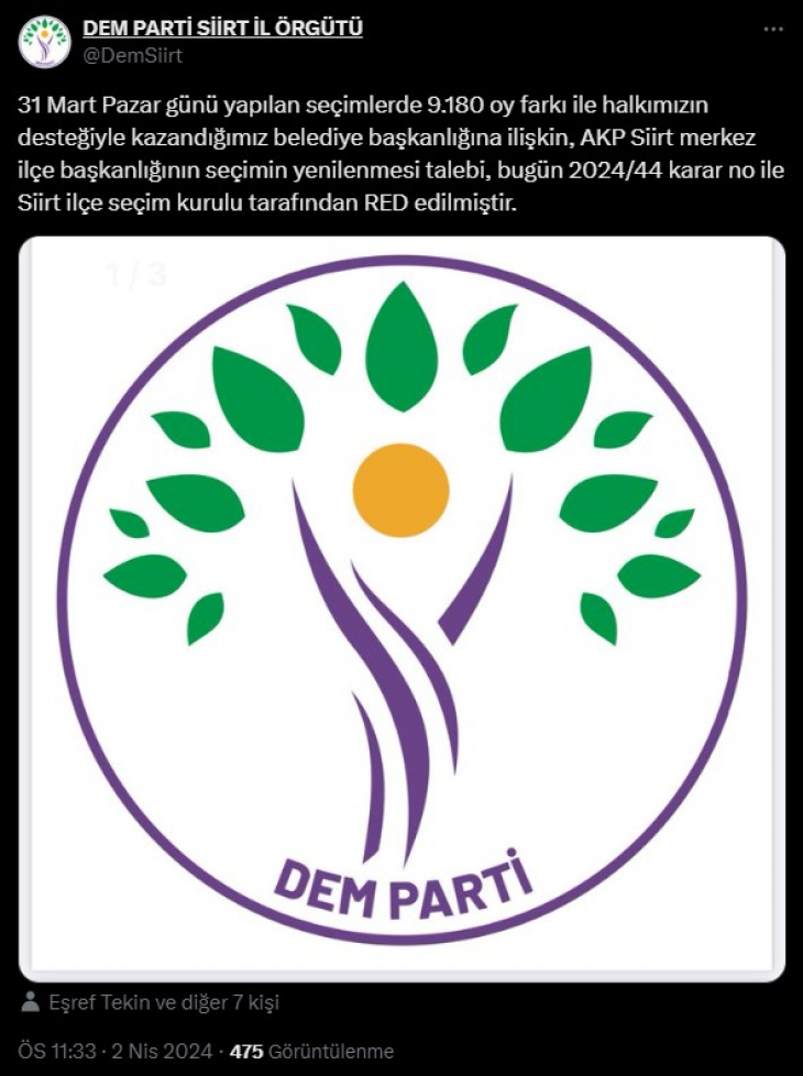 DEM Parti: Siirt'te AK Parti'nin Seçim Yenileme Talebi Reddedildi