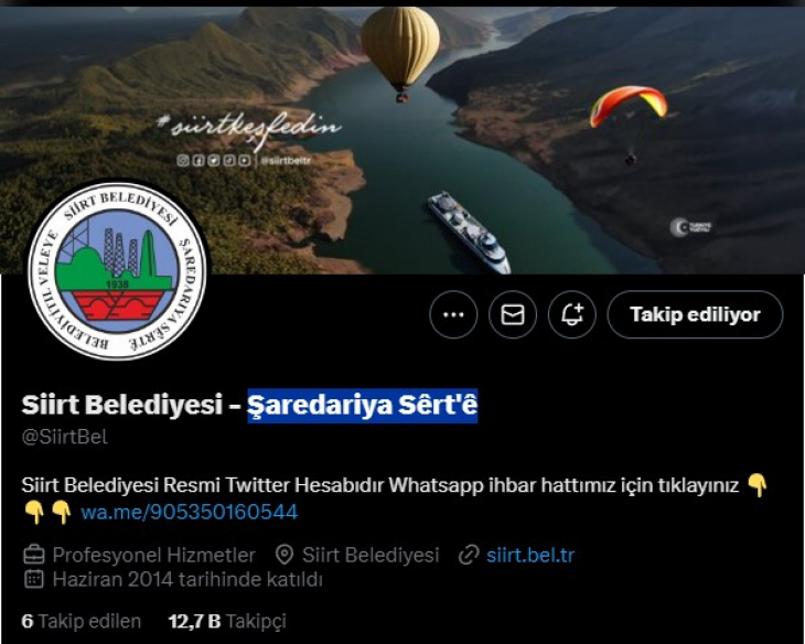Siirt Belediyesi'nin Twitter/X hesabına Kürtçe eklendi